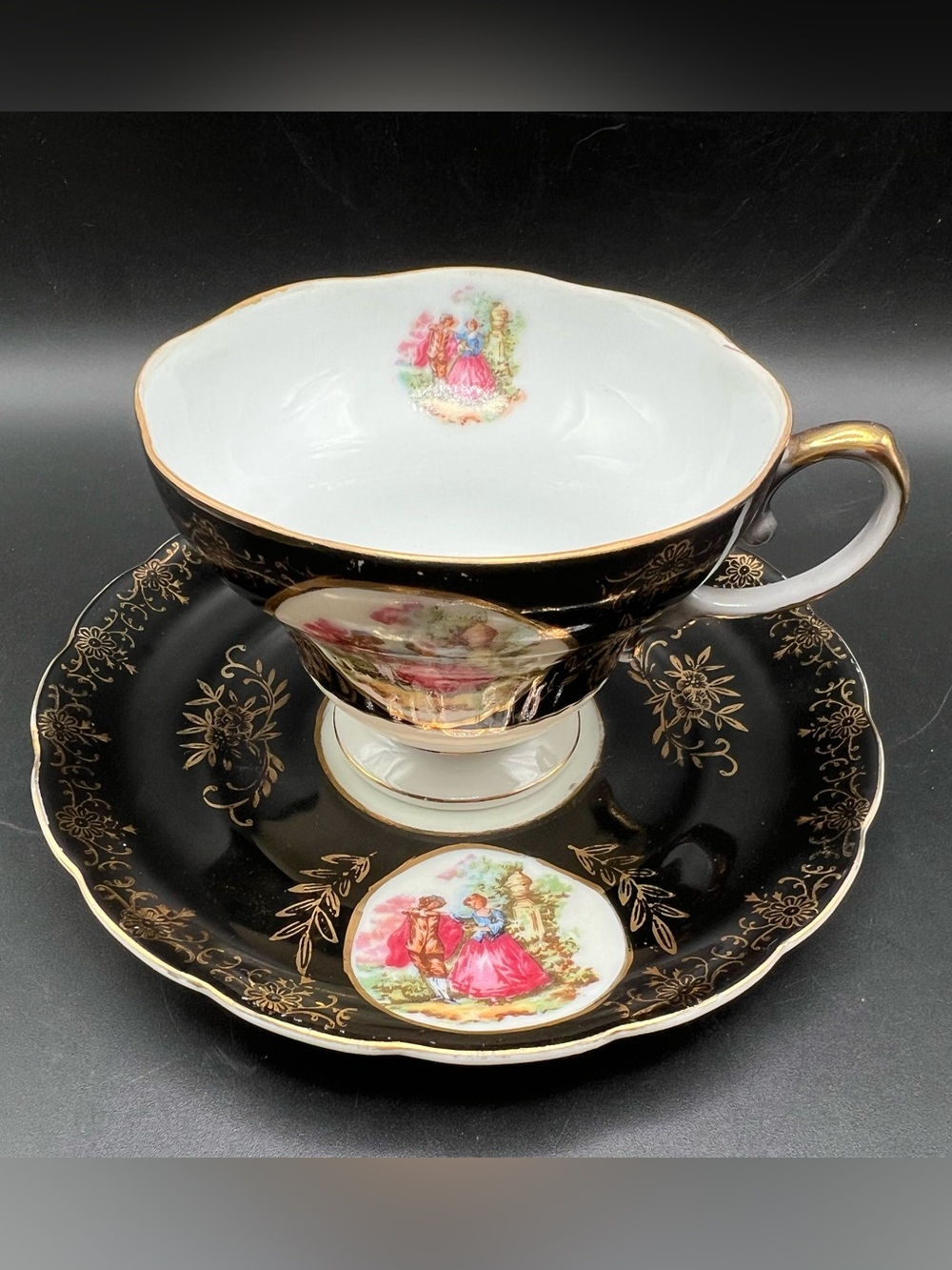 Vintage Royal Sealy Victorian Courting Couple Footed Tea Cup & Saucer Set Japan